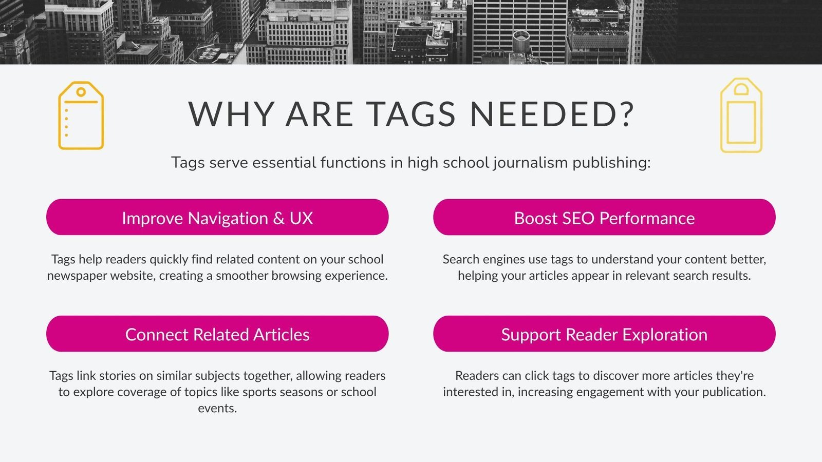 Tags serve essential functions in high school journalism publishing: