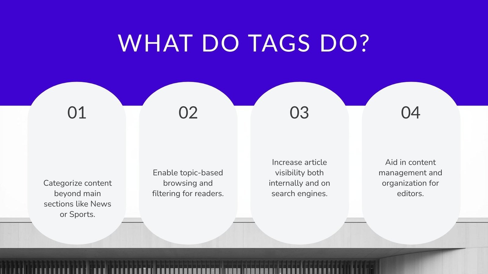 What Do Tags Do?Categorize content beyond main sections. Enable topic-based browsing and filtering. Increase article visibility both internally and externally. Aid in content management for editors.Title: "Breaking Down Tags: What They Are and Why They Matter" Subtitle: "For High School Journalism Publishing on WordPress" Minimalist background or simple related icon (e.g., tag symbol or newspaper)