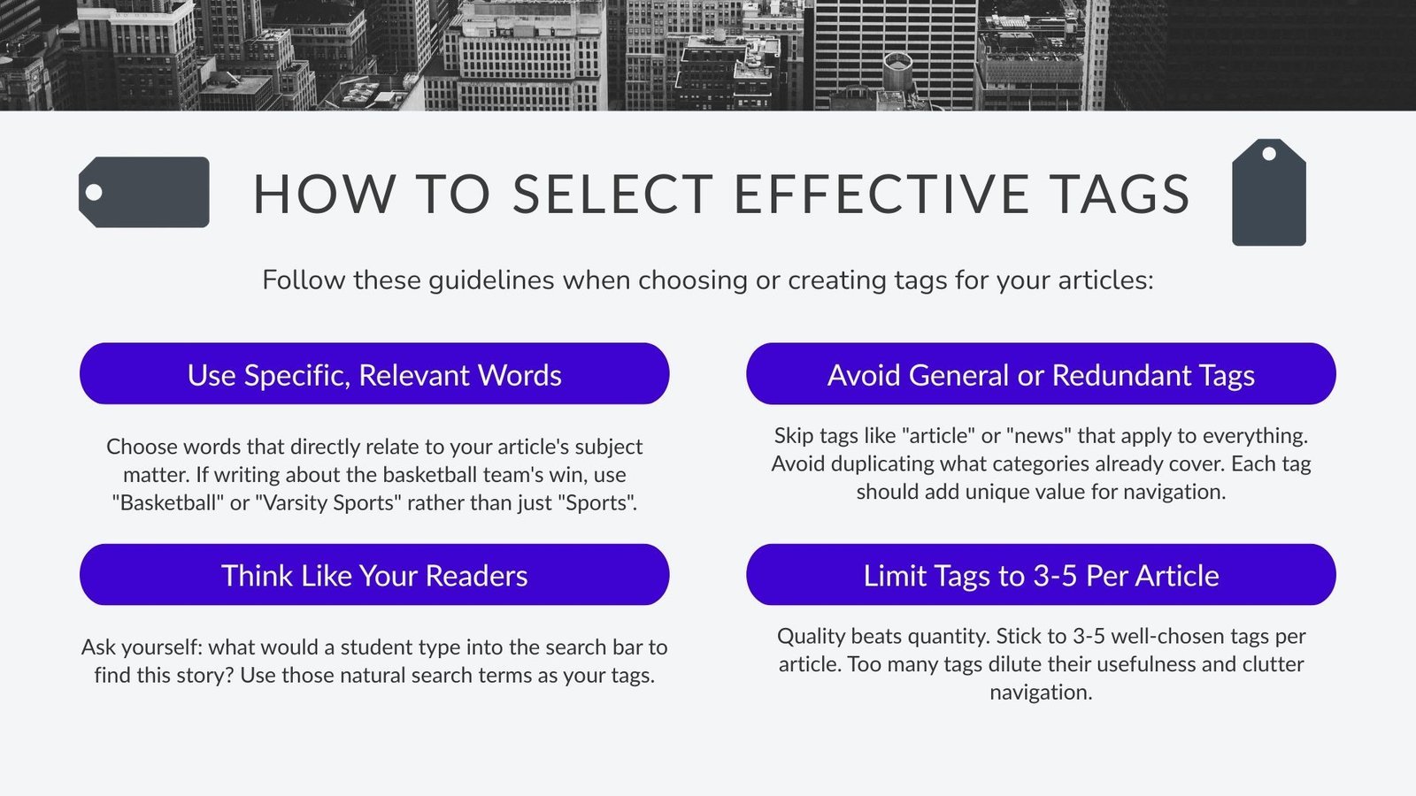 Choose words that directly relate to your article's subject matter. If writing about the basketball team's win, use "Basketball" or "Varsity Sports" rather than just "Sports".